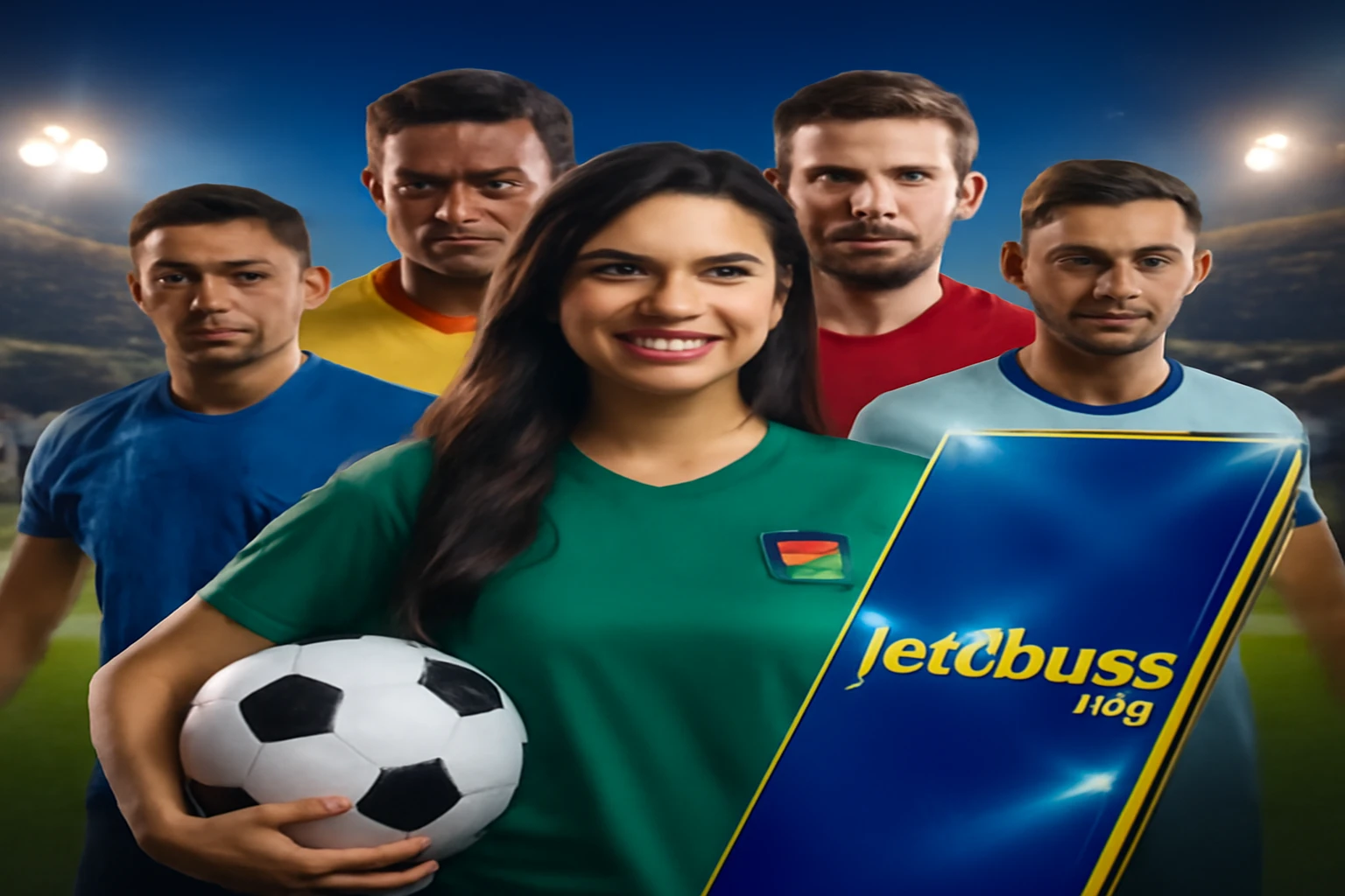 jeetbuzz football gaming — a football pitch glowing under orange stadium lights at night